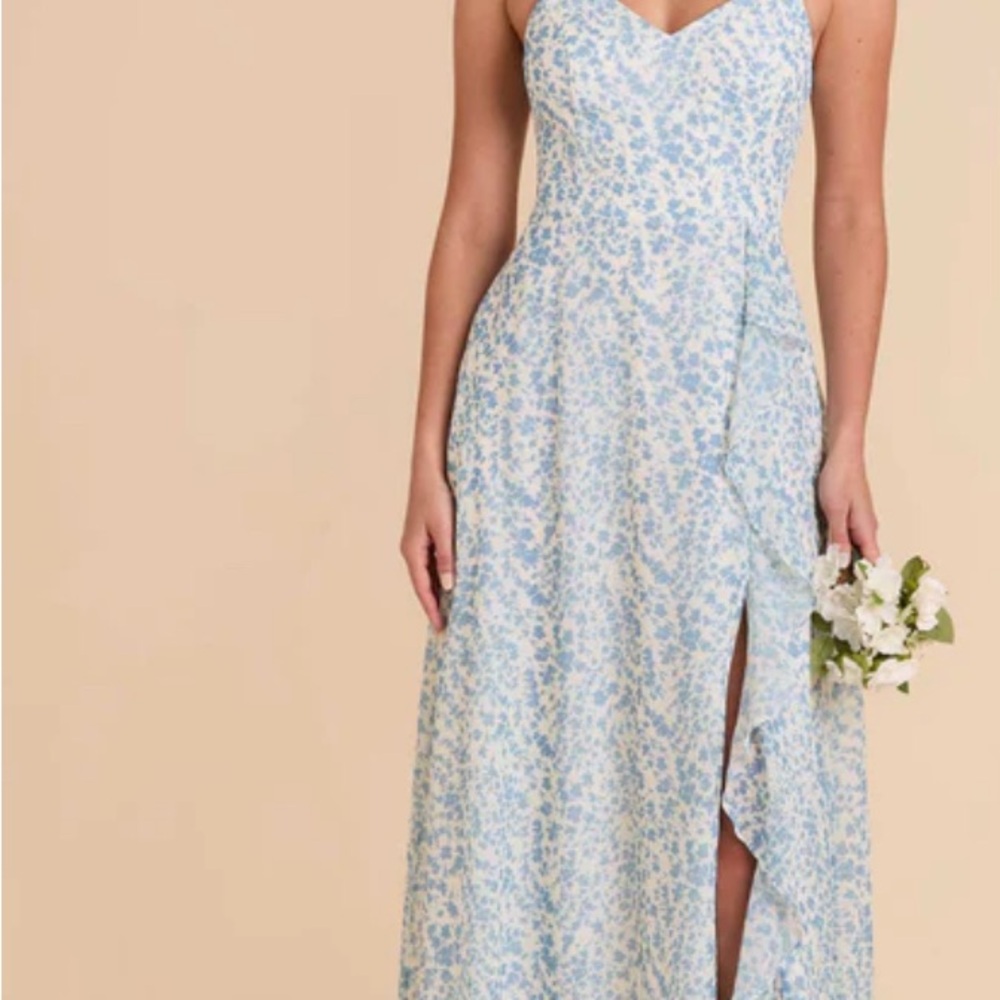 Birdy Grey Blue and White Maxi Dress with Slit Sweetheart Neckline